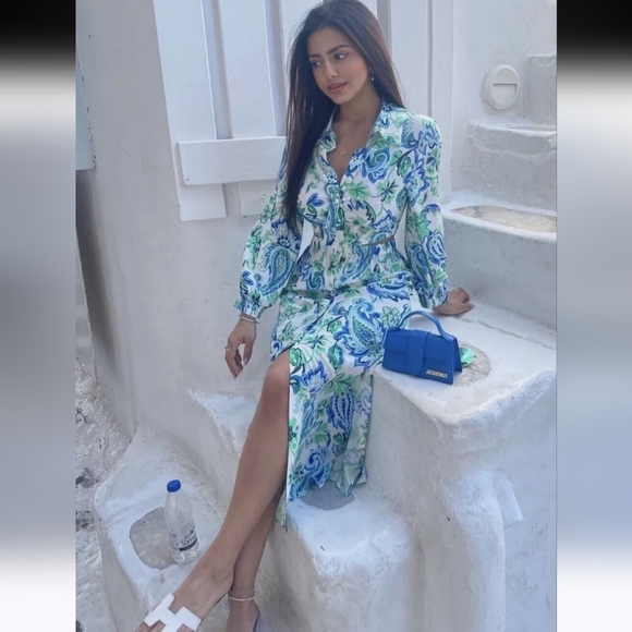 Zara Blue and Green Cut Out Midi Shirt Dress Size Medium (Bloggers Favorite) - Picture 5 of 16